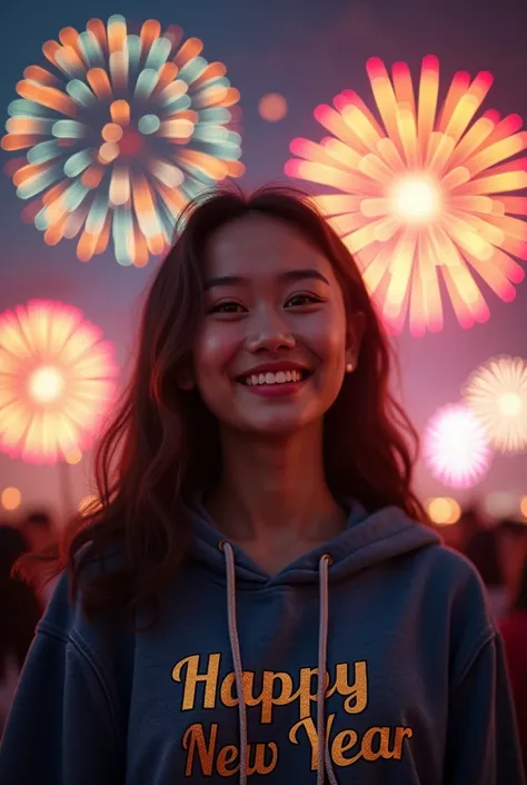 
A smiling young Indonesian woman stares towards the camera wearing,  smiling cheerfully against the background of fireworks at ...