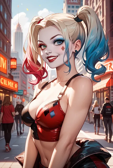 Harley Quinn, sexy, medium breasts, city on fire background, high detail, masterpiece.