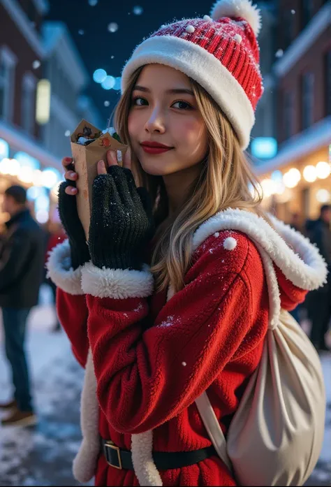 HyperRealistic, best quality, absurdres, ultra detailed, 1 girl, grin, beautiful doe eyes, Santa Claus hat, fluffy Santa Claus c...