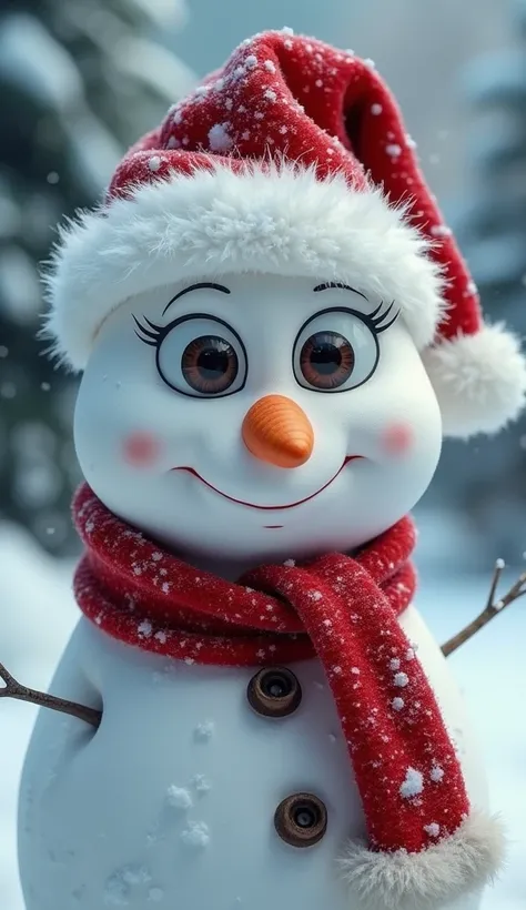 Close-up of a mimic snowman with big eyes , wearing a Santa Claus hat ,  in a red scarf with a white edge against the background...