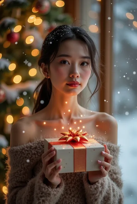 woman with a gift, realisitc photo, Christmas tree in the background, background is blurred, New Years atmosphere, snow