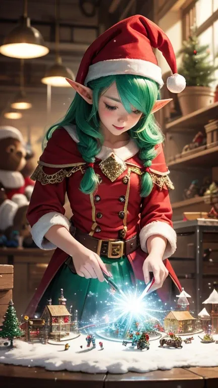 A vibrant and magical fantasy artwork featuring the female Elf Mage inside a whimsical toy factory. The female Elf Mage is clad ...