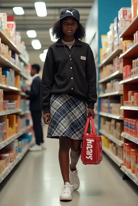 A ugandan black skinned teenager 16years old wearing a black golf hut with the "puma logo" and embroidery text "puma", she is we...