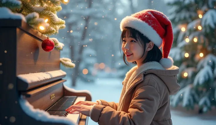 A young, beautiful Japanese woman wearing a Santa Claus hat, playing the piano in a snowy landscape with a Christmas tree.