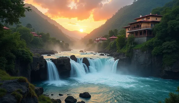 a natural photography of a tropical landscape with a rough splash of waterfall, beautiful serene europe, at sunset with moon in ...
