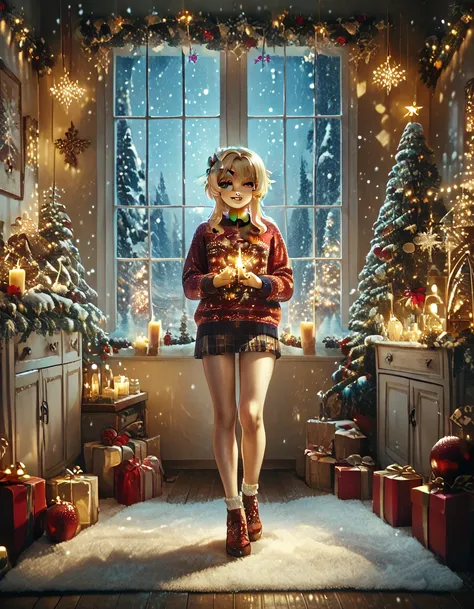 solo, happy look, happy smiling, happy atmosphere, Christmas, winter, snow, night sky, Lumine from Genshin Impact, eyeshadow, A ...