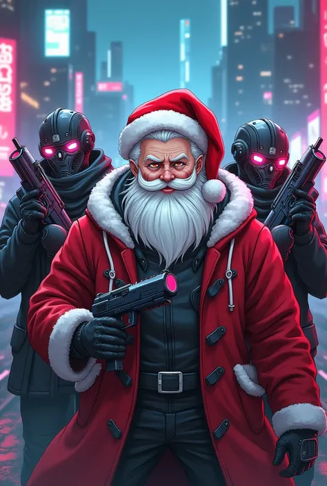 Anime-style Santa Claus in a cyberpunk outfit featuring faces wearing a cyberpunk mask and holding a technological firearm 