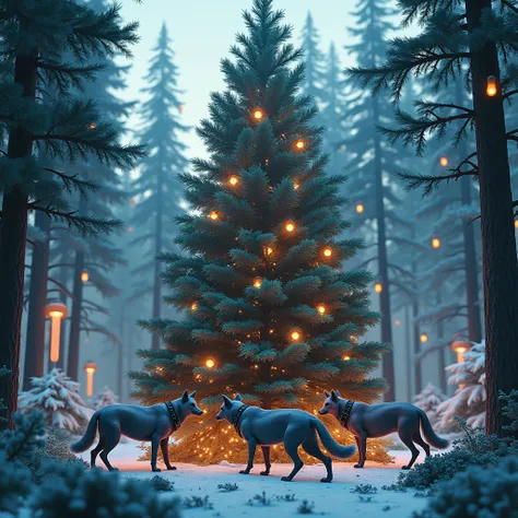 Christmas forest landscape with wolves decorating a Christmas pine tree, futuristic style, cyberpunk
