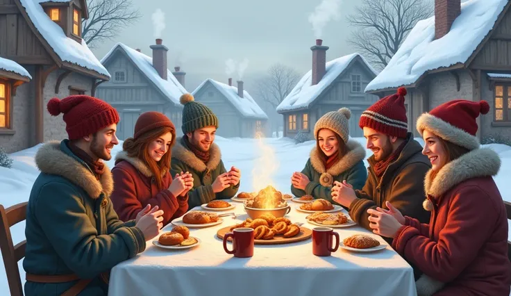 a village ,  people sharing their meals together ,Its cold and snowy season 