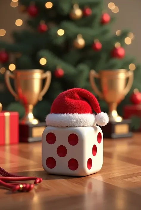 3D image of dice with Santas hat, Christmas background, trophies and medals of success .  All on a parquet board in a Christmas ...