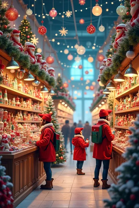 a lively toy store with things to decorate the Christmas tree and Christmas toys 
