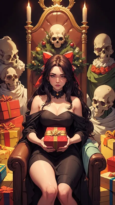 a naked woman with her hands tied with a large gift bow with several presents around her , And Christmas ornaments with their ha...