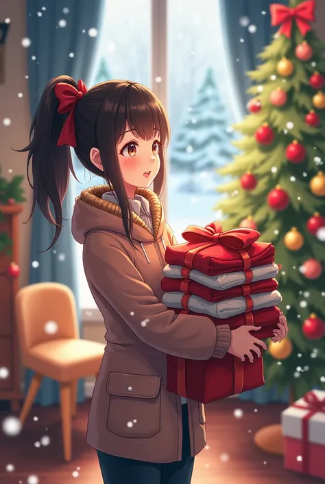 a adult girl holding Christmas clothes with a small smile who looks at a tree decorating in a house while the snow falls out ver...