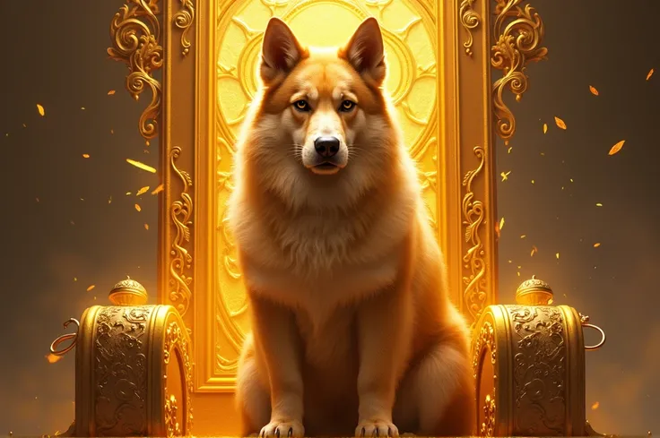 Sun King dog sitting on an illuminated iron throne