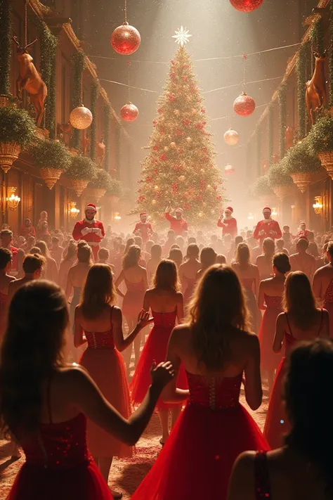 Create a very crazy Christmas-themed image 、　Christmas party with lots of beautiful women、　 big Christmas tree、　Reindeers also m...