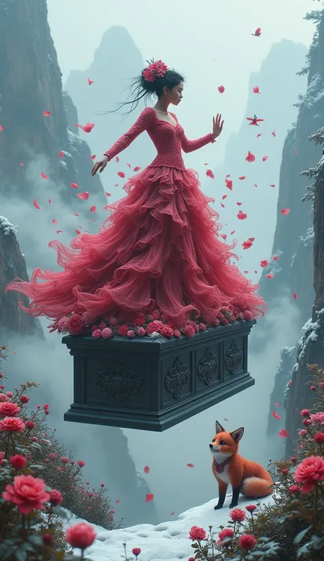  A woman made of red and pink roses  ,  He dances on top of a mysterious ancient and strange coffin,, Forest snow background ， I...