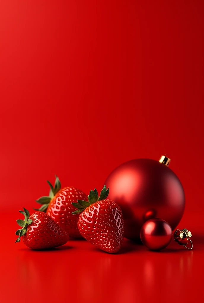 Strawberries and Christmas balls red background 