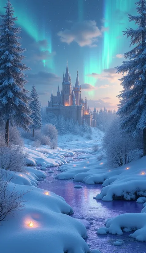 A dreamy and magical winter scene in a fantasy world. The image features a serene snow-covered landscape with glittering ice cry...