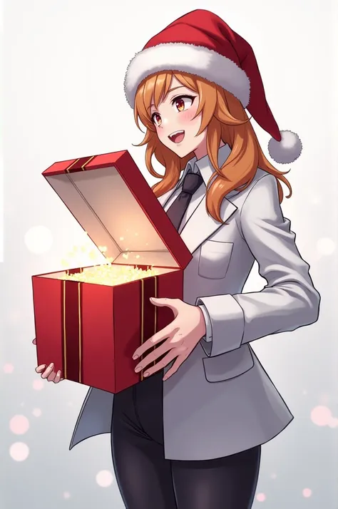 Generate a Valorant agent Named Kill Joy holding a red coloured Opend Gift box and wearing Santa hat facing right side ... full ...