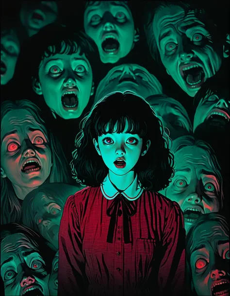  illustrations、art、From an 80&#39;s horror movie, Supervised by Junji Ito、exorcist、 high detail,  realistic shadows、 analog styl...