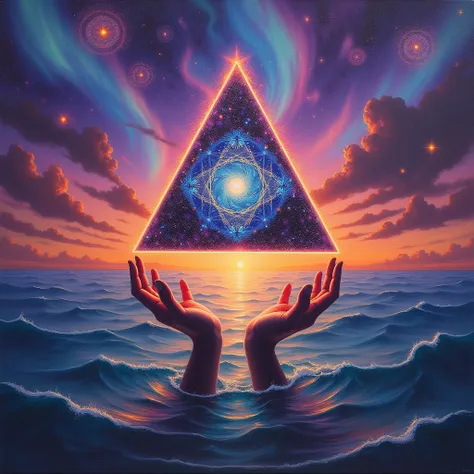 An intricate surreal painting of a glowing triangle floating above an ocean during a vibrant sunset. The triangle radiates cosmi...