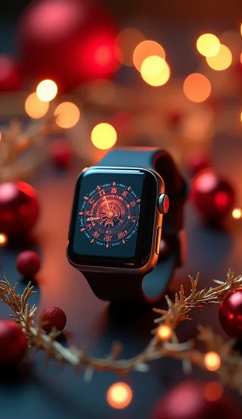 Realistic cinematic frame of a smartwatch placed on a dark surface decorated with small gold garlands and red spheres. The watc...