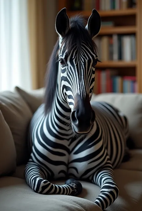 very beautiful and sexy realistic and very muscular female adult zebra/black horse  that is by herself laying on the couch in th...
