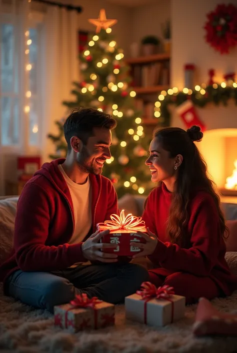 create a Couple exchanging gifts on Christmas living room and put the word "WePlay" at the center. 

