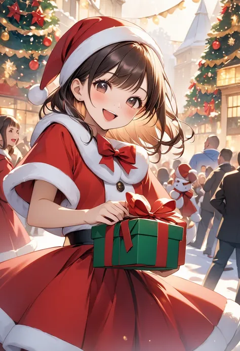 Background of a Christmas party bustling with many people, a woman smiling with her mouth open in Santa Claus fashion, holding a...