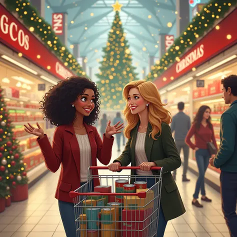 A festive scene set in a shopping mall during Christmas season. Two women, one with curly dark hair and the other with straight ...