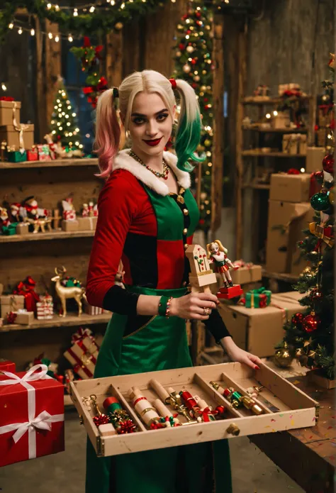  Cinematic image of Harley Quinn with colored hair elf working in a Christmas workshop at the North Pole The elf is placing a wo...