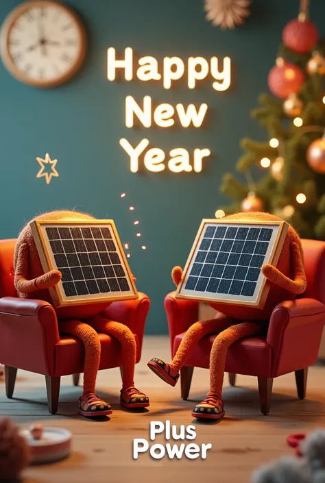 imagine a post when two solar panels plates are sitting on the chairs and playing games and the text write HAPPY NEW YEAR   with...