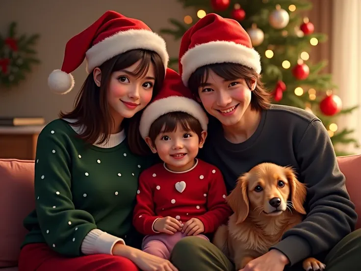  family Christmas photo , three people:  A young mom with dark hair ,  next to her back is hugged by a sweet young man, a 27-yea...