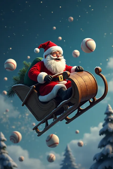 Santa claus flying in sleights on christmas eve, but having cylinder hat and monocl, and baseballs fallung down instead of snow