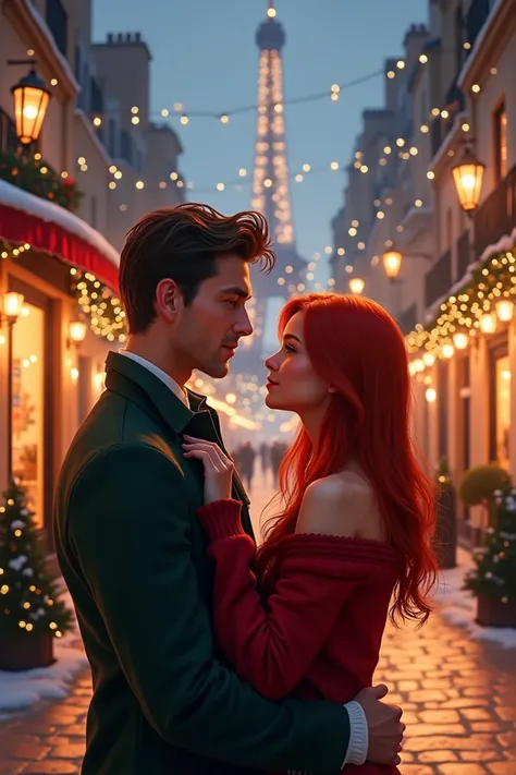 Create a couples image in the Christmas setting in Paris: the woman with straight red hair and the man with low hair