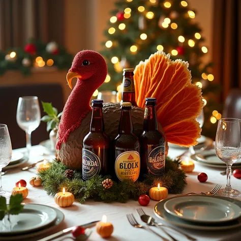 Bottles of beer arranged in the shape of a turkey on the Christmas table