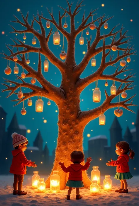 The Tree Assembly
In the square ,  adults and ren work together to decorate the improvised trunk . , ornaments made from recycle...