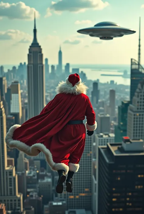 Please generate santa claus fly in New York ufo plain.