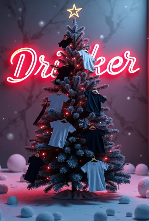 Create a Christmas tree with unprinted black and white t-shirts hanging on the tree and a neon sign "DRINKER STORE" na neve
