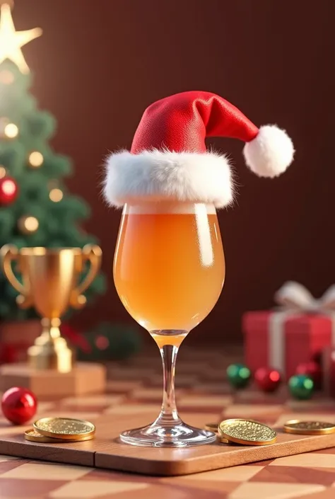 3D image of a glass with Santas hat, Christmas background, trophies and medals of success  .   All on a parquet board in a Chris...