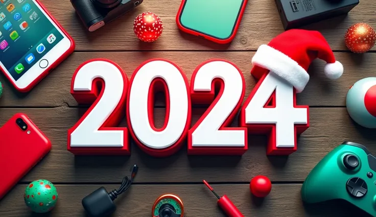 Image is a vibrant digital collage with a festive theme, featuring a large, bold 2024 in the center. The numbers are styled in a...