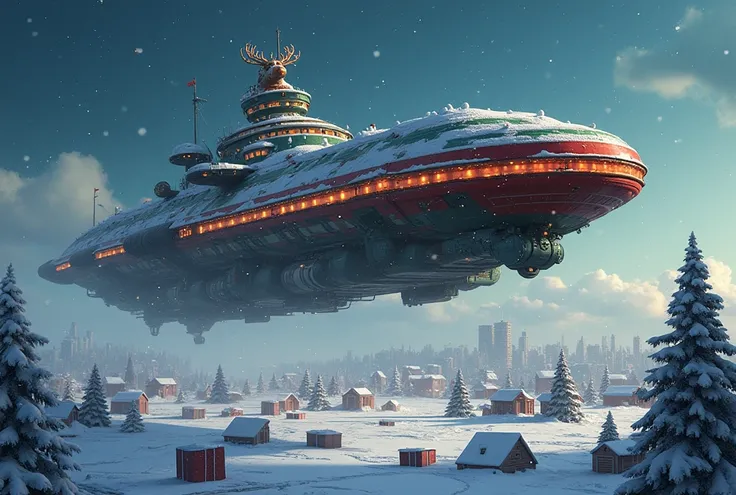 Depict a giant spaceship flying slowly over a snowy city on Christmas Eve. The spaceship is painted in Christmas colors (red, gr...