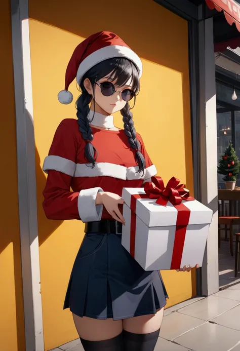 pretty young woman, standing posed, holding a big present box, in front of cafe, christmas background, BREAK, {+forehead, black ...