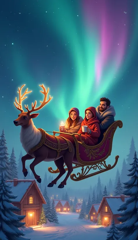 A magical sleigh ride across a night sky illuminated by vibrant auroras. The sleigh, carved from enchanted wood and gold, is pul...