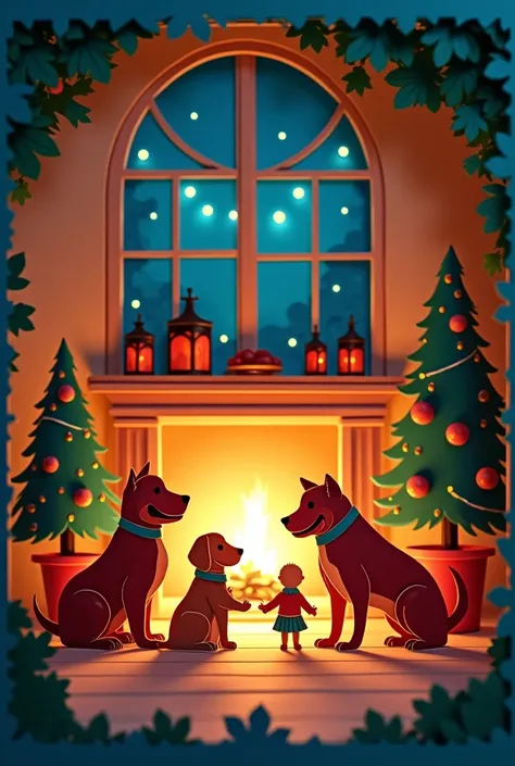 Paper cutting art, paper craft art, playing pets, happy family, illuminations, decorations, fireplaces, Christmas trees, Christm...