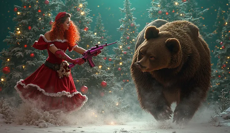 The Christmas season features a Christmas tree. ,A red curly woman wearing a Santee dress holding a fuchsia pink AK16 gun is sho...