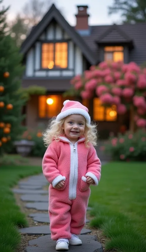  An adorable baby with bright blue eyes ,  long hair, blond and curly, is standing on the lawn , smiling happily.  She wears a c...