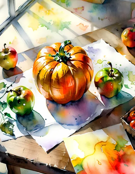  wrapping paper color  ,  blurred background  , sfumato watercolor  , starkly .  Still life pumpkin on table , apple, pear, pepp...