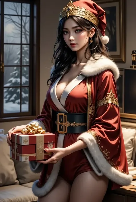 Santa Claus woman 、Put on the big golden bell、 handing out presents 、On the night when a good  went to sleep 、