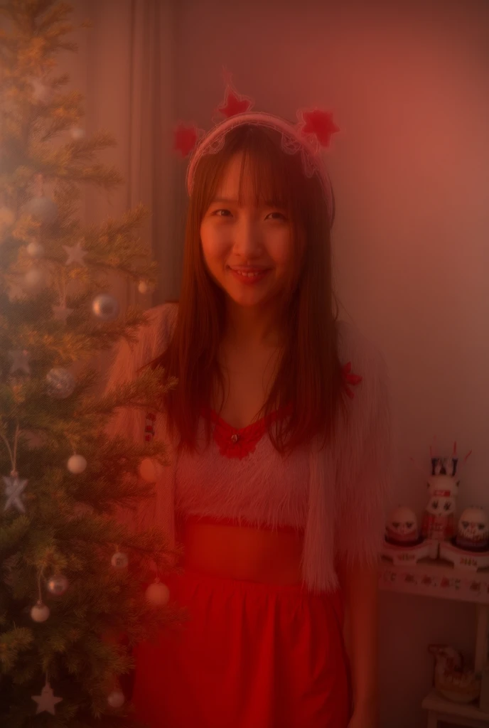 Our room also has a Christmas tree
Prompt:  of Asian girls with light skin and Brown long straight hair stared at the camera, sm...